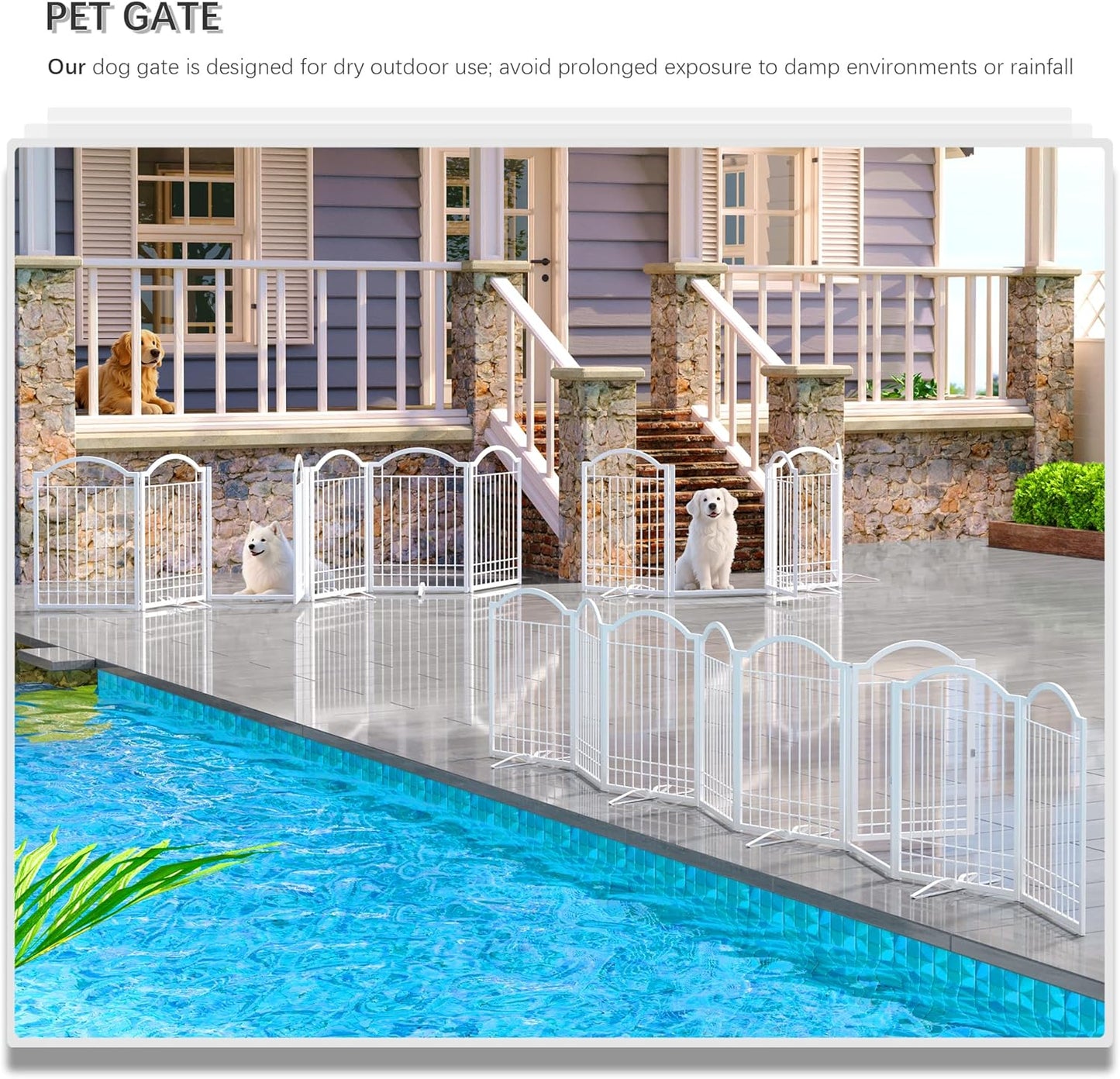 4NM Metal No Drilling Expandable Dog Gate, Extra Wide 96", Extra Tall 32" Free Standing Pet Gate with Door, Gates for Dogs Outdoor or Indoor, with 3PCS Support - White