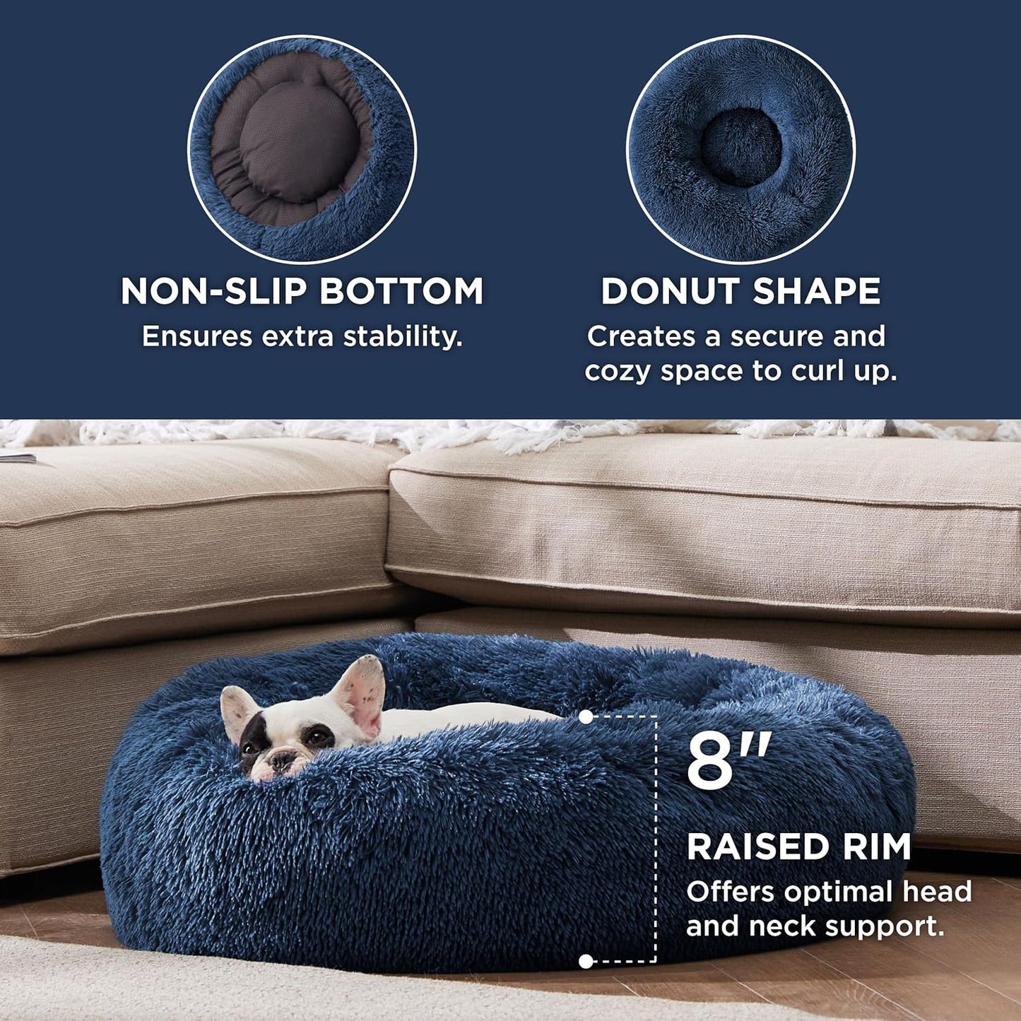 Bedsure Calming Dog Bed for Small Dogs - Donut Washable Small Pet Bed, 23 inches Anti-Slip Round Fluffy Plush Faux Fur Large Cat Bed, Fits up to 25 lbs Pets, Navy