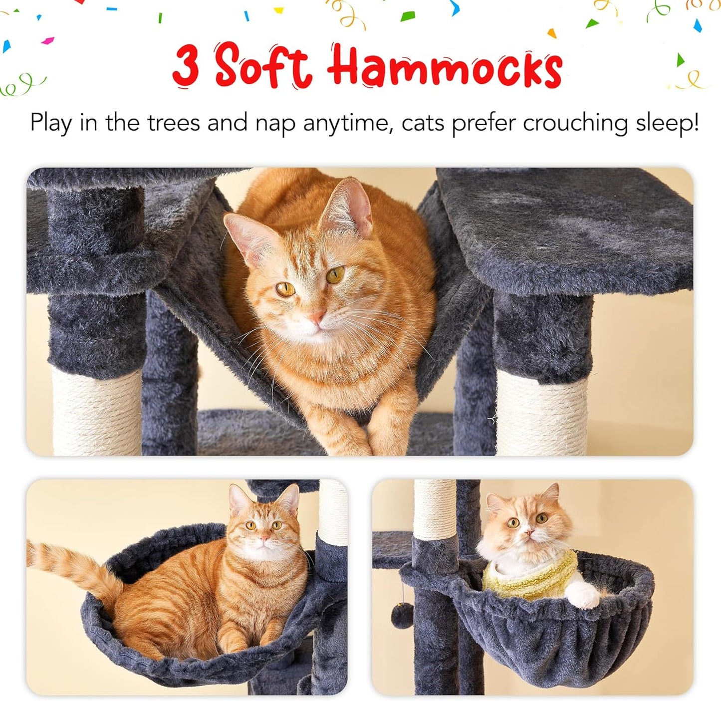 66-Inch Tall Cat Tree for Indoor Cats, Multi-Level Large Cat Tower with 3 Hammocks, 2 Padded Perches, cat Tree Tower with Scratching Post and Hanging Toys for Large Adult,Smoky Grey