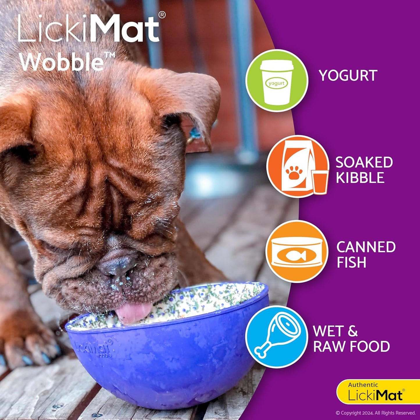 LICKIMAT Wobble, Dog Slow Feeder Bowl Lick Mat, Boredom Anxiety Reducer; Perfect for Food, Treats, Yogurt, or Peanut Butter. Fun Alternative to a Slow Feed Dog Bowl, Purple