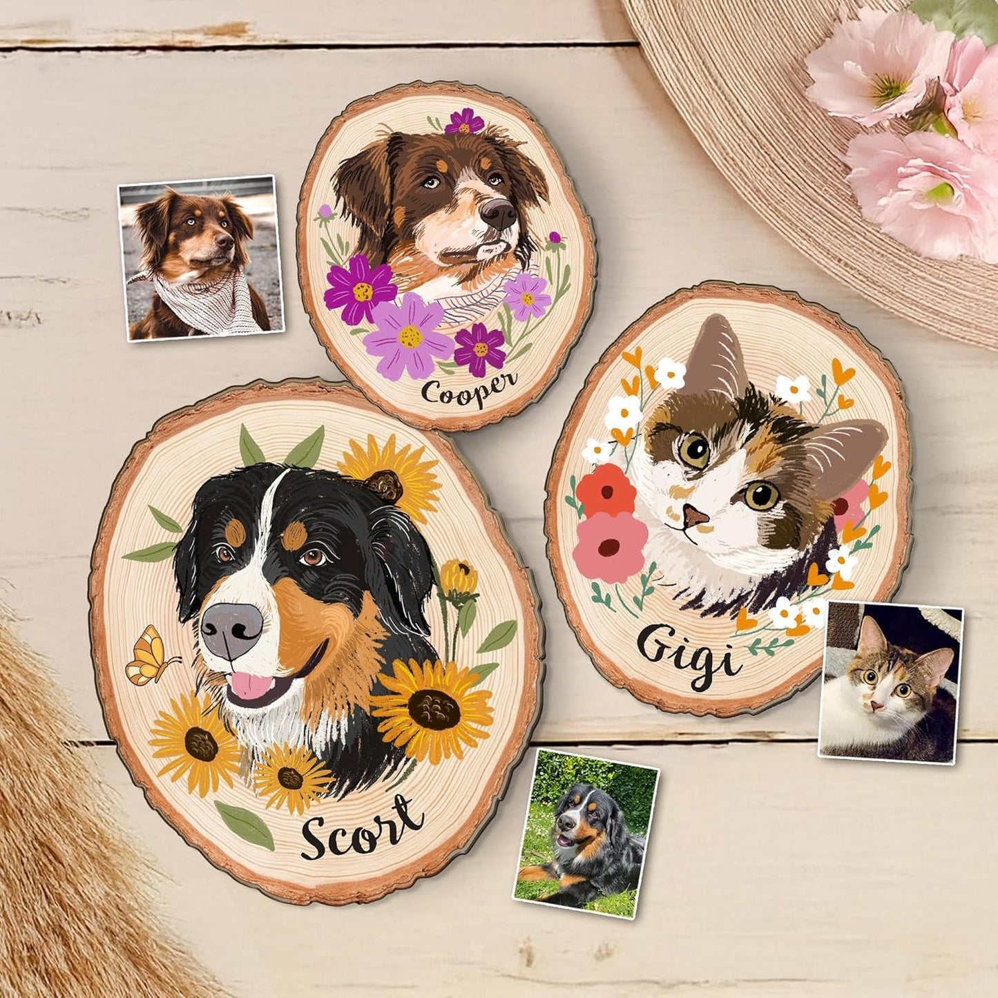 Personalized Cat Portrait on Wood Slice – Custom Pet Photo Gift, Wooden Cat Memorial Keepsake, Pet Loss Sympathy Gift, Cat Wall Art Decoration