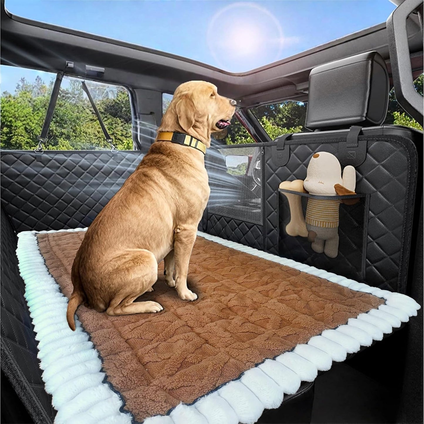 Dog Car Seat Cover for Back Seat, Big Dog Bed for Car, Suitable for Back Seat Extender for Dogs，Backseat Pet Bed Mat，Non-Slip Travel Pet Mat (White Dark Brown, 24.8"x54")