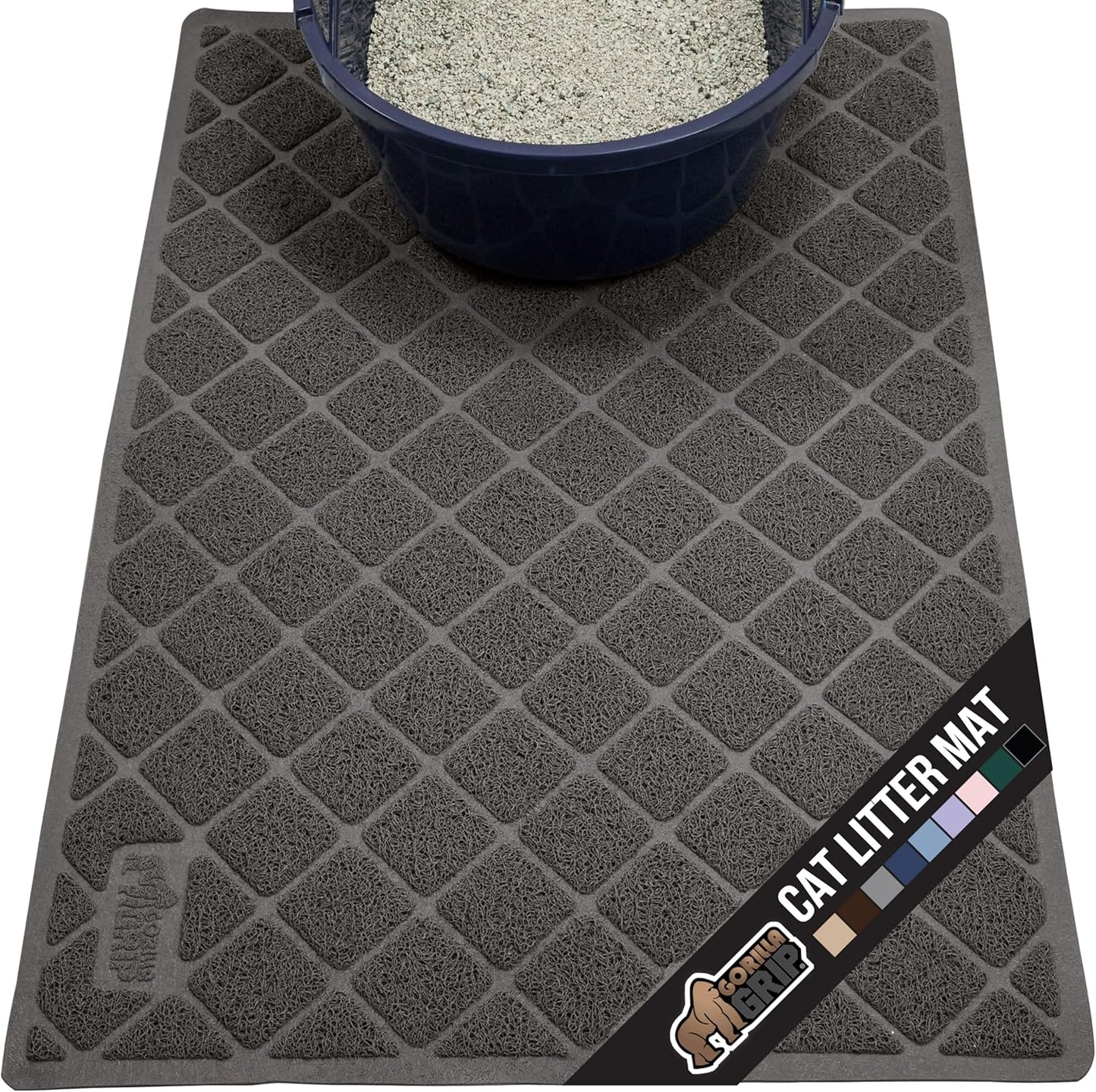 GORILLA GRIP Cat Litter Box Mat, 40x28, Water Resistant, US Designed Kitty Litter Trapping Mats, Easy to Clean, Scatter Control, Less Mess and Clean Floors, Kitten Supplies for Indoor Cats, Dark Gray
