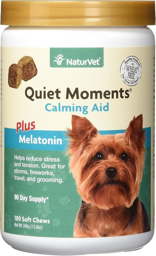 NaturVet Quiet Moments Calming Dog Supplement, Dog Soft Chews with Melatonin to Help Reduce Stress from Storms, the Vet, Fireworks, and Travel, Bacon and Chicken Flavored Pet Supplement, 180 Count Jar