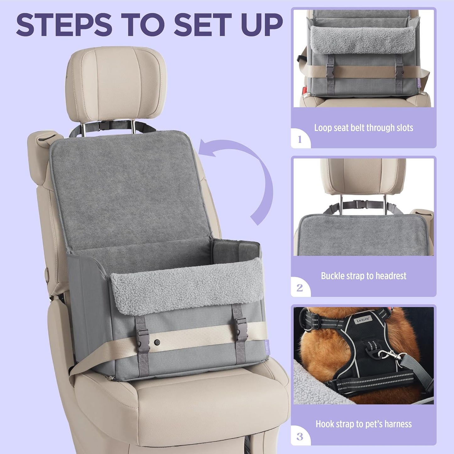 Lesure Dog Car Seat for Small Dogs, Foldable Pet Car Seat with Clip-On Safety Leash, Waterproof Puppy Booster Car Seat for Small Pets Under 25lbs, Portable Doggie Carseat Travel Carrier Bed, Grey