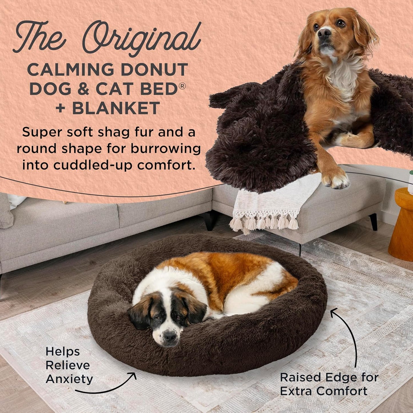 Best Friends by Sheri Bundle Set The Original Calming Shag Donut Cuddler Cat and Dog Bed + Pet Throw Blanket, Dark Chocolate, Extra Large, 45x45