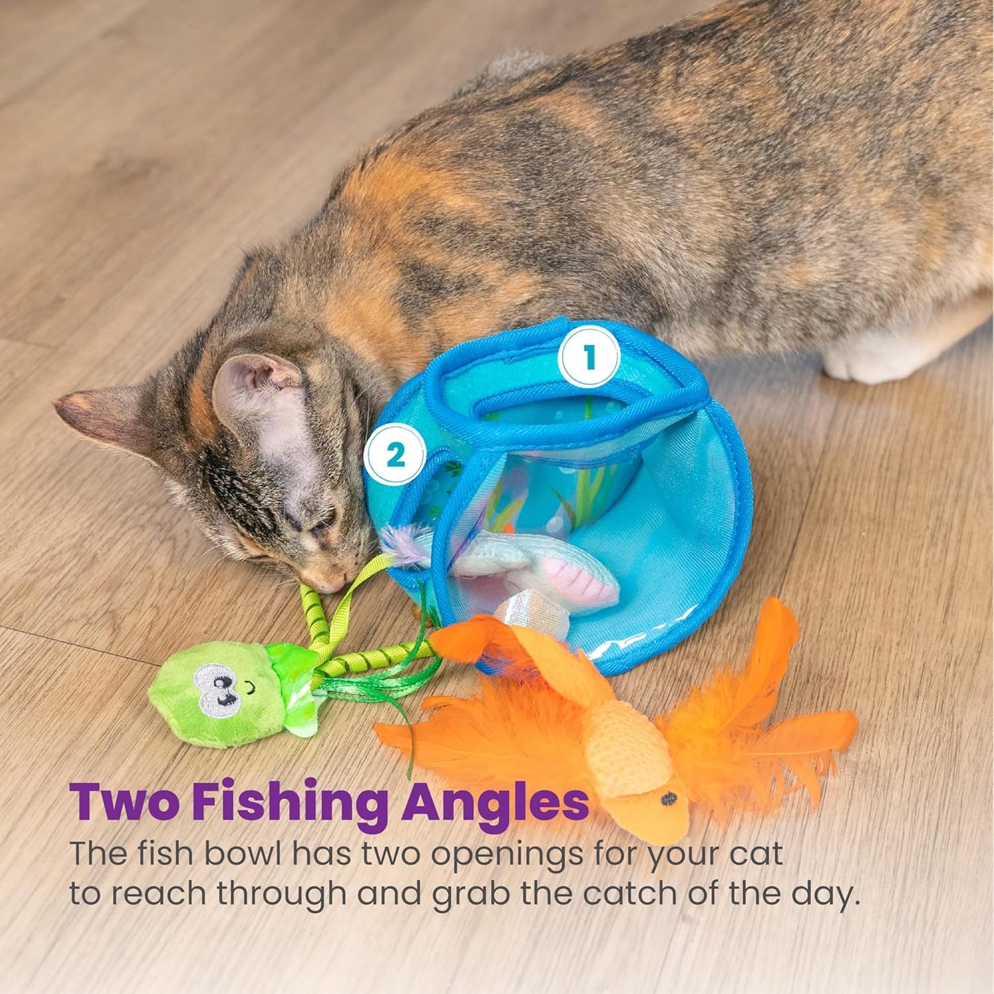 Catstages Hide & Seek Fish Bowl Interactive Cat Toy with Two Catnip Blend Toys, Blue