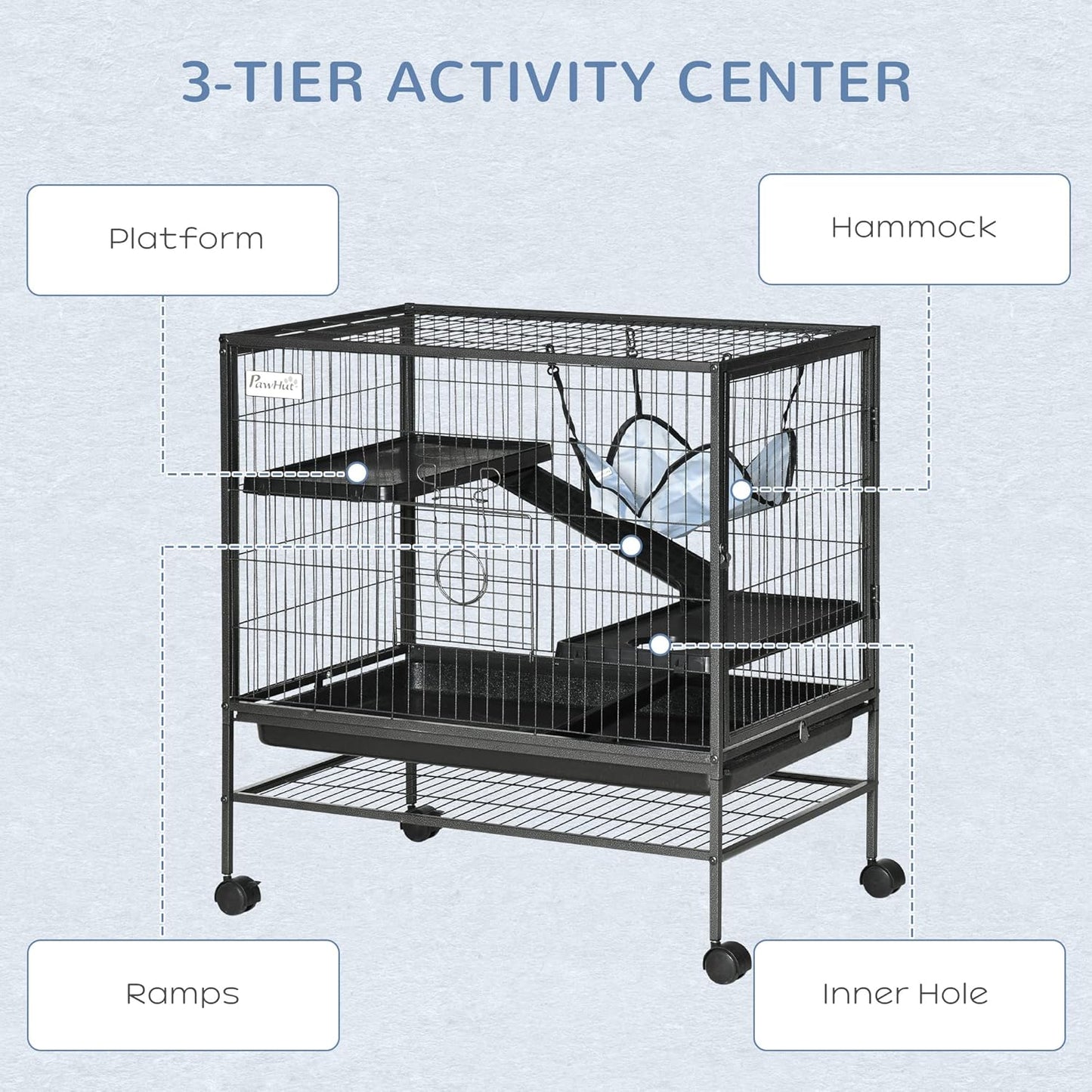 PawHut Small Animal Cage with Wheels, Pet Playpen for Rat, Syrian Hamster, Kitten, Ferrets, Chinchillas with Bottom Storage Shelf, Removable Tray, Ramp, 31.5" x 20.5" x 33.1"