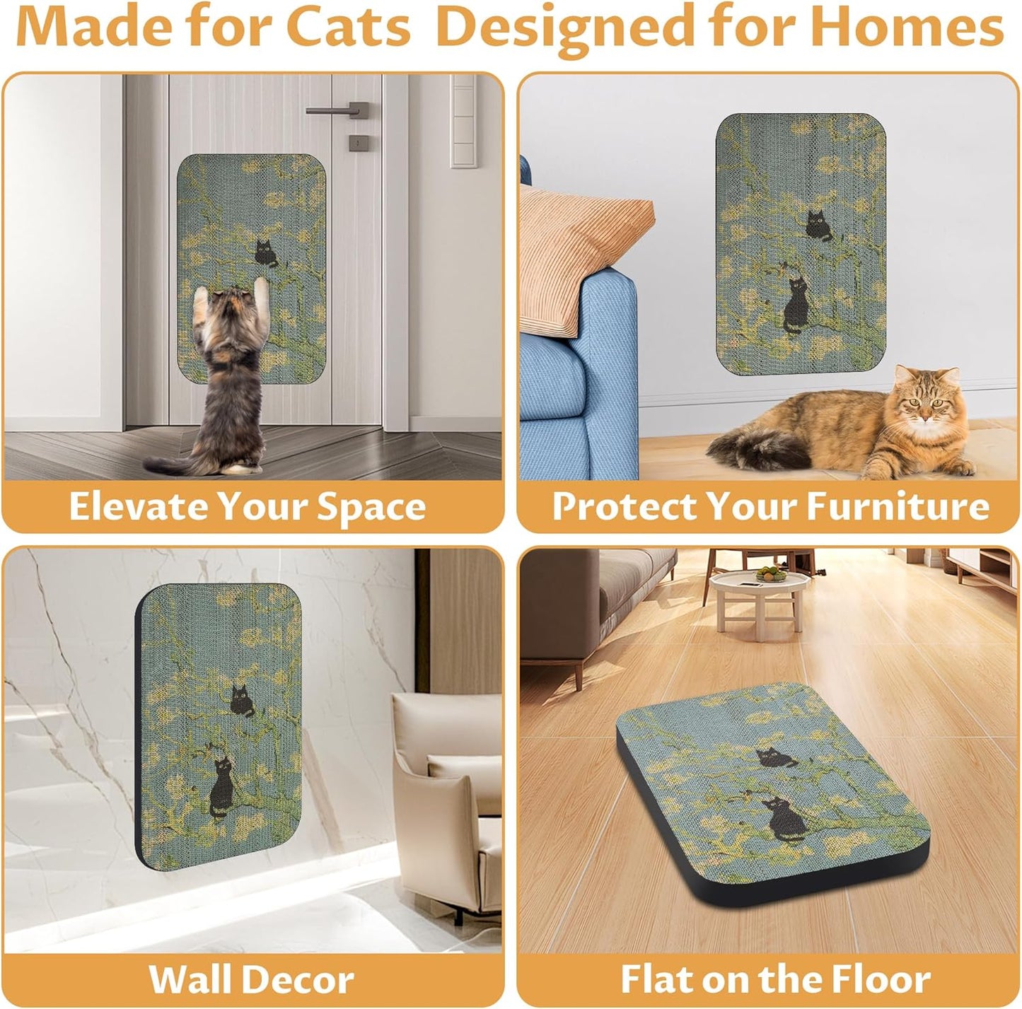 Art Cat Scratcher, Wall-Mountable Cat Scratching Board, Cat Wall Scratcher 16.7x11x1 Inch Cat Scratch Pad and Cat Scratchers for Indoor Cats Toy Furniture Protector（Almond Blossom）