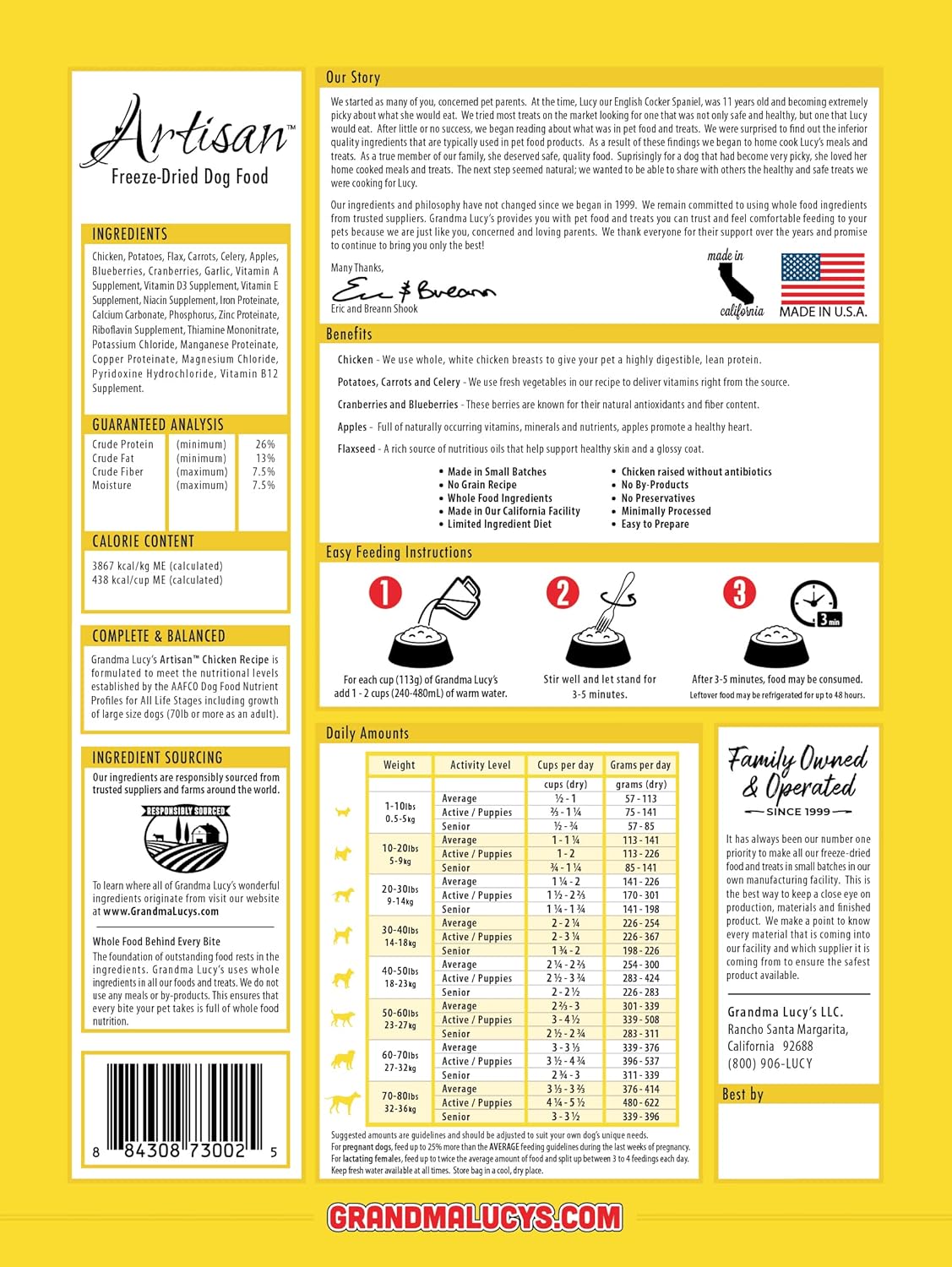 Grandma Lucy's Artisan Dog Food, Grain Free and Freeze-Dried - Artisan Chicken, 3Lb Bag