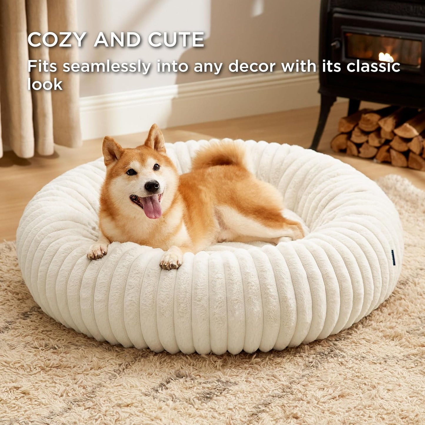 Bedsure Donut Large Dog Bed - Washable Faux Fur with Corduroy Fleece & Anti Slip Bottom, Round Pet Bed with Removable Cover, Cream, 36x36x10 inches