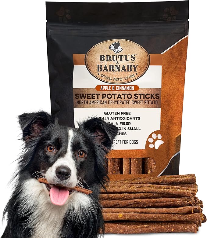BRUTUS & BARNABY USA Sweet Potato Dog Treats - Crunchy Grain Free Cinnamon Apple Sticks, Promotes Positive Gut Health with Natural Anti-Diarrhea Properties (Cinnamon & Apple, 12 oz)