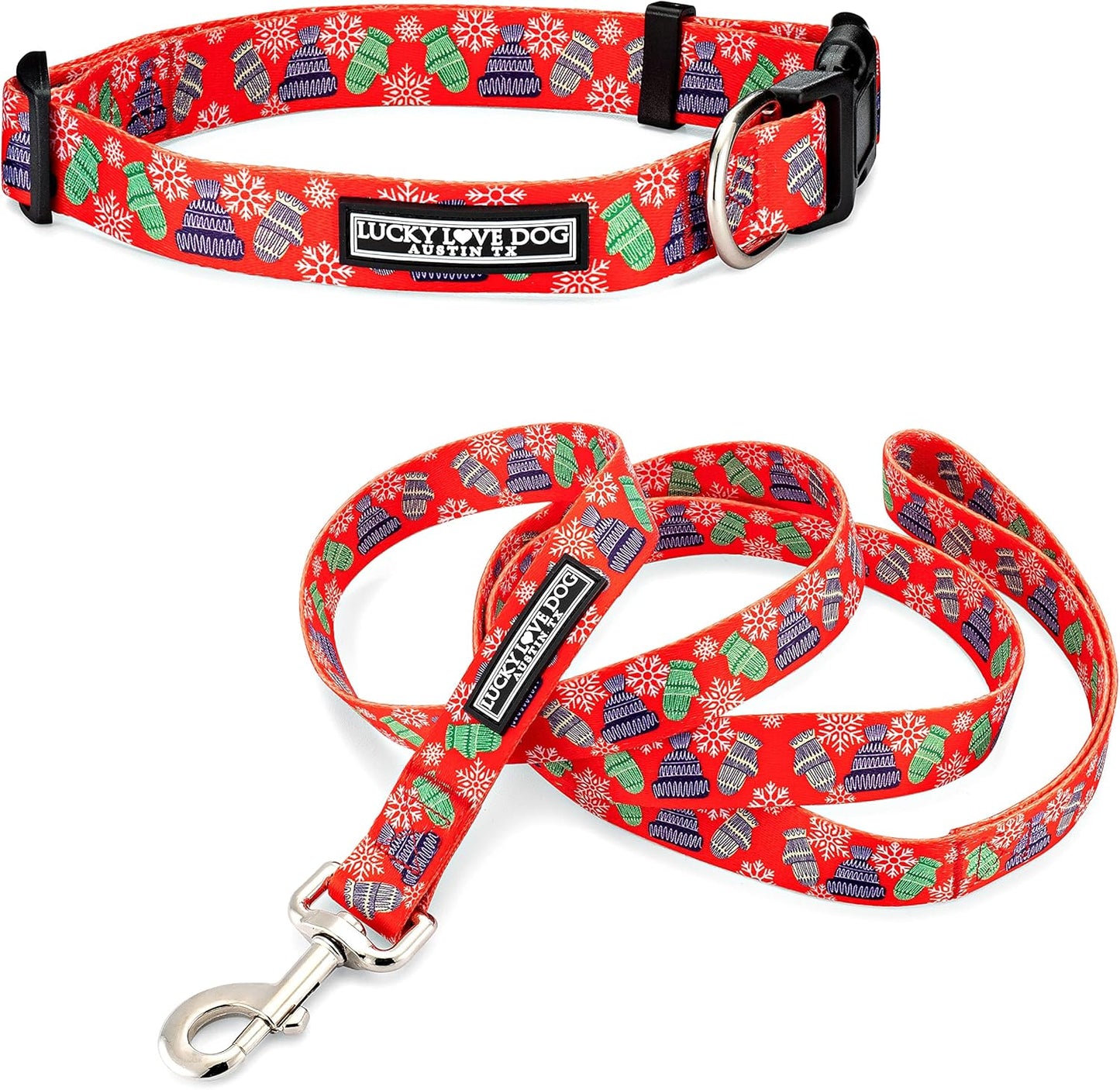 Lucky Love Dog, Winter Stocking Caps and Mittens Dog Collar and Leash Set, Matching Snowflakes Collar and Leash for Male and Female Dogs - (Extra Small, Chilly Combo)