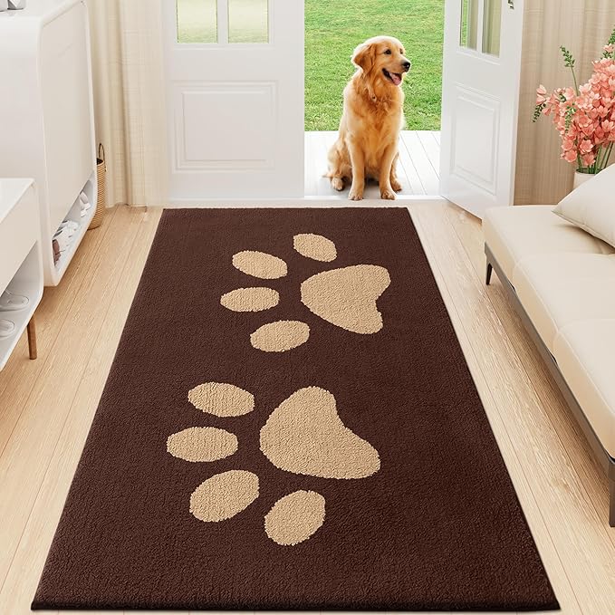 Buganda Dog Door Mat for Muddy Paws, Absorbent Dirt Trapper Washable Indoor Doormats, Non Slip Low-Profile Mud Mat for Dogs, Front Entrance Doormat for Inside Floor (59x35 Inches, Brown)