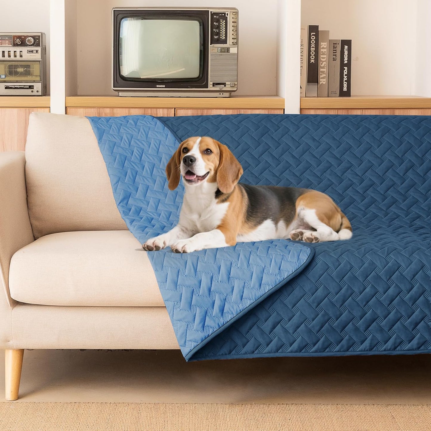 gogobunny 100% Double Sided Waterproof Dog Blanket Soft Pet Bed Cover Reversible Protect Furniture Couch Sofa Car for Puppy Cat Kids (Dark Blue/Light Blue, 82x120 Inch (Pack of 1))