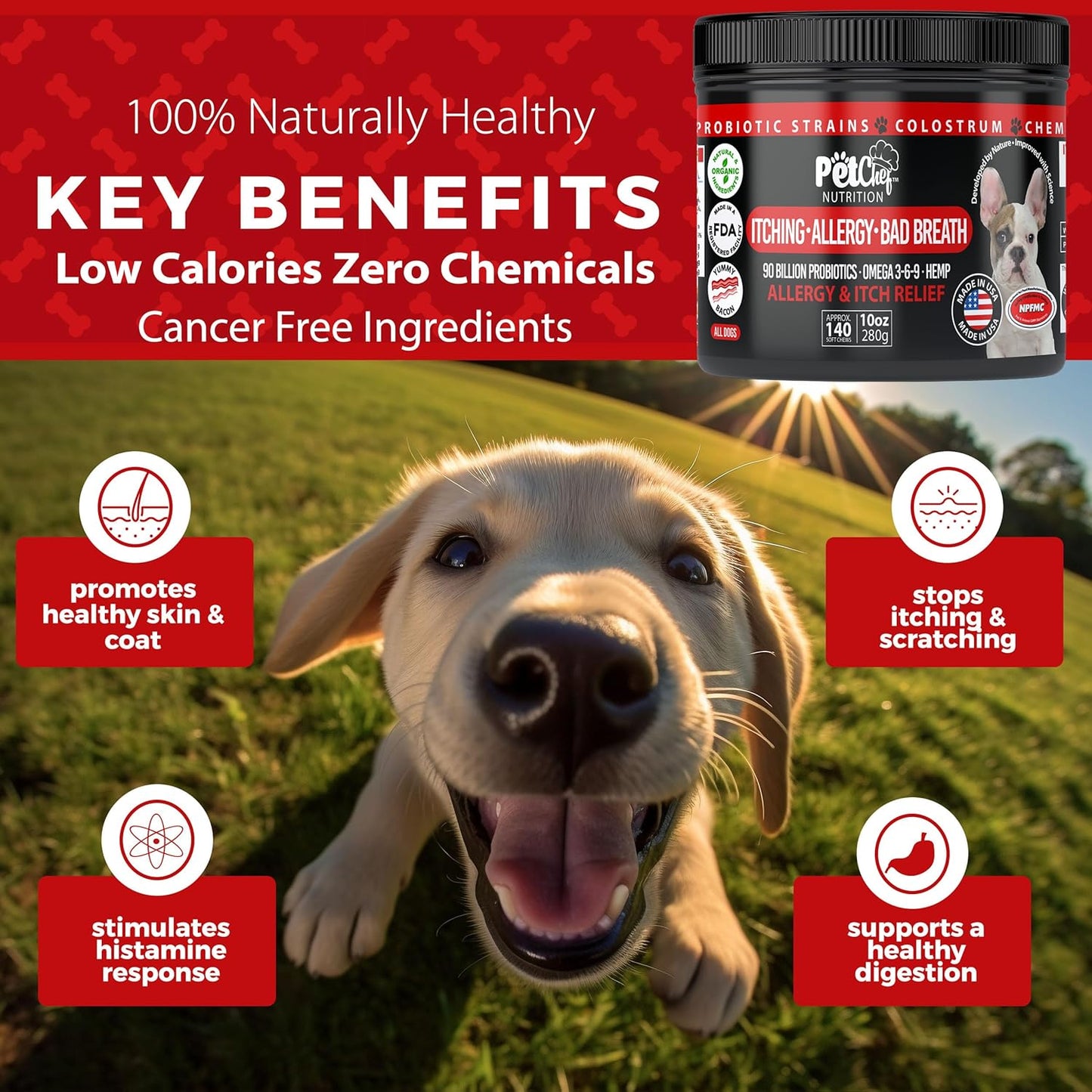 Pet Chef Dog Stop Itching Relief Chew - Anti Itch for Dogs with Omega 3, Salmon Oil - Bacon Flavor - Easy Allergen-Free Immune System Support - Top Allergy Medicine for Dogs. 140ct. Best Value!