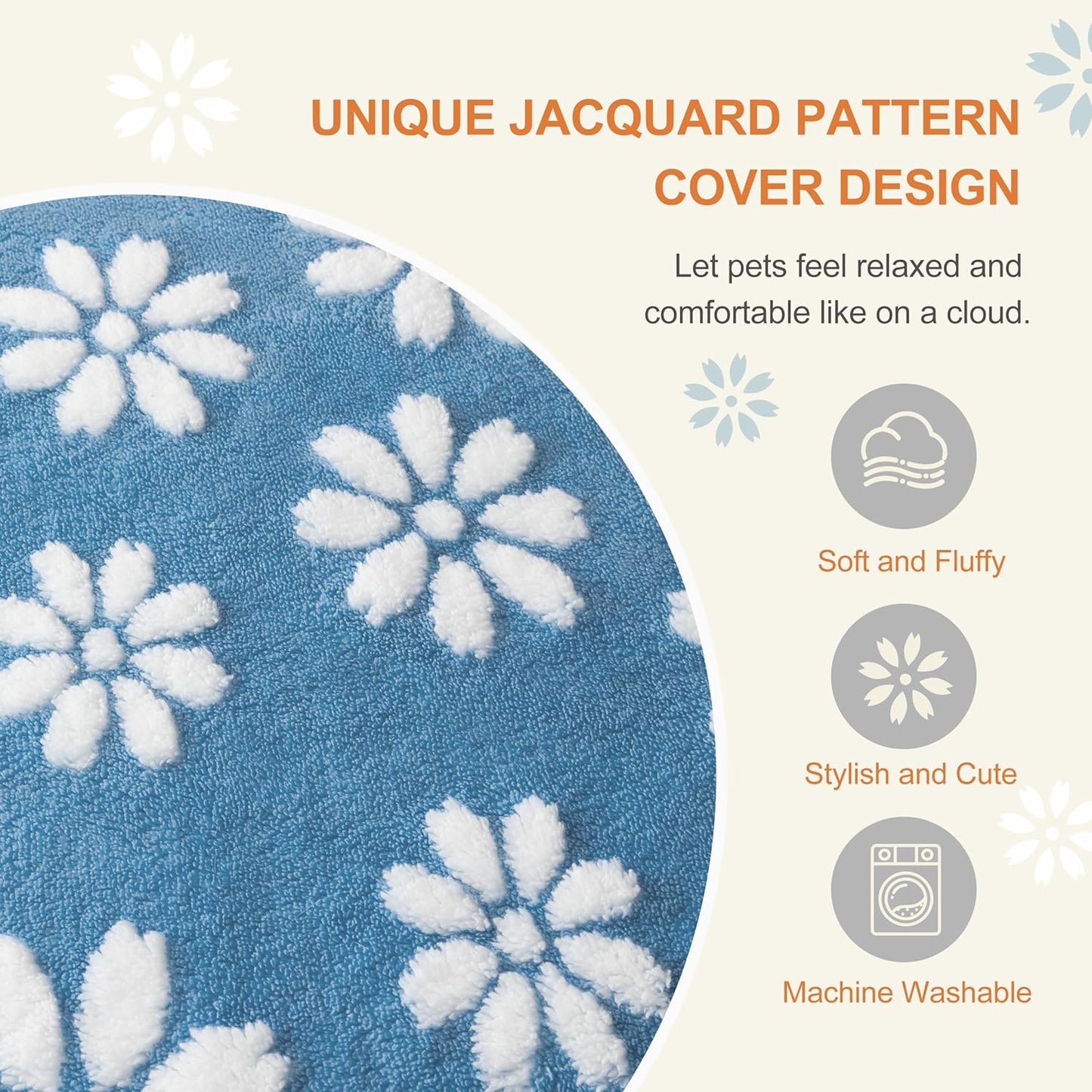 Dog Beds for Large Dogs, Cute Thick Dog Bed for Crate Kennel, Fluffy Pet Bed with Removable Washable Cover and Anti-Slip Bottom, 35"x 22", Blue Flower