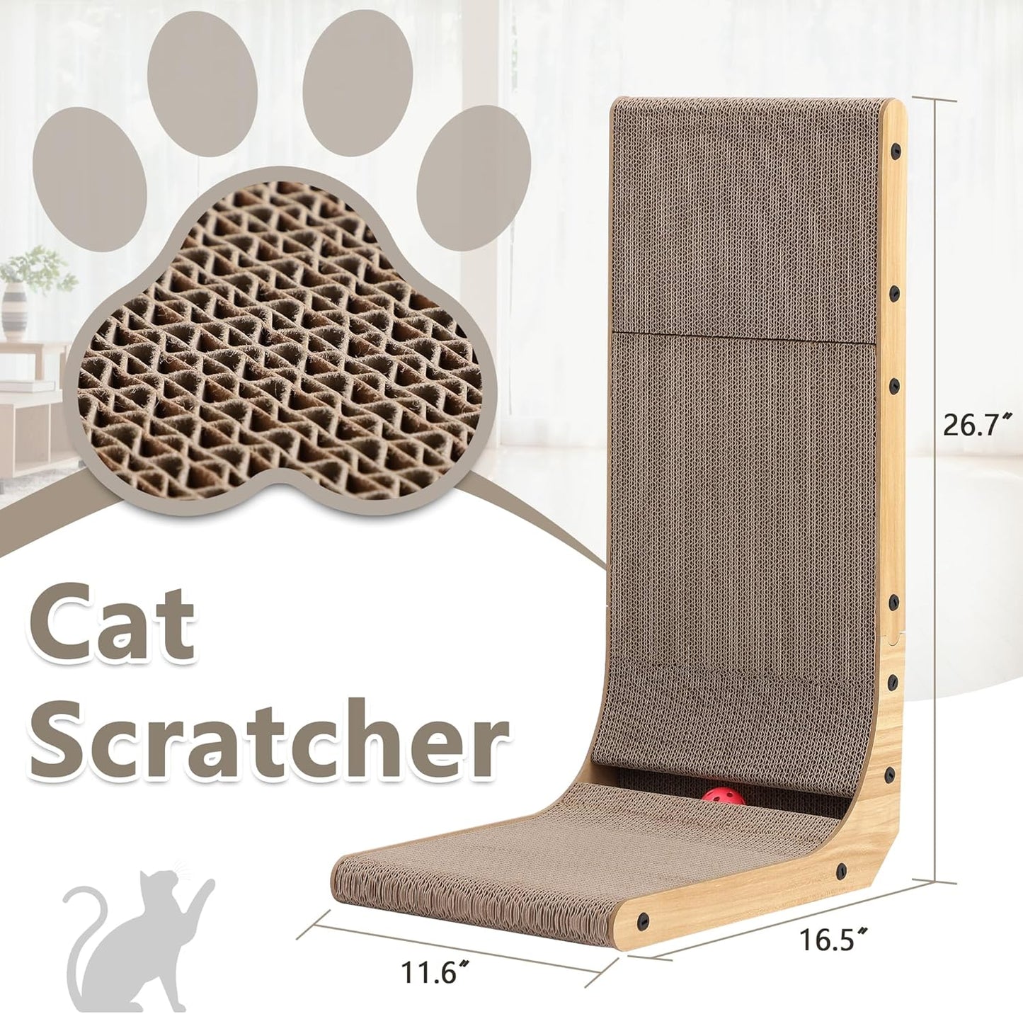 Cat Scratcher, 26.7 L Shape Cat Scratch Pad Wall Mounted, Cat Scratching Cardboard for Indoor Cats