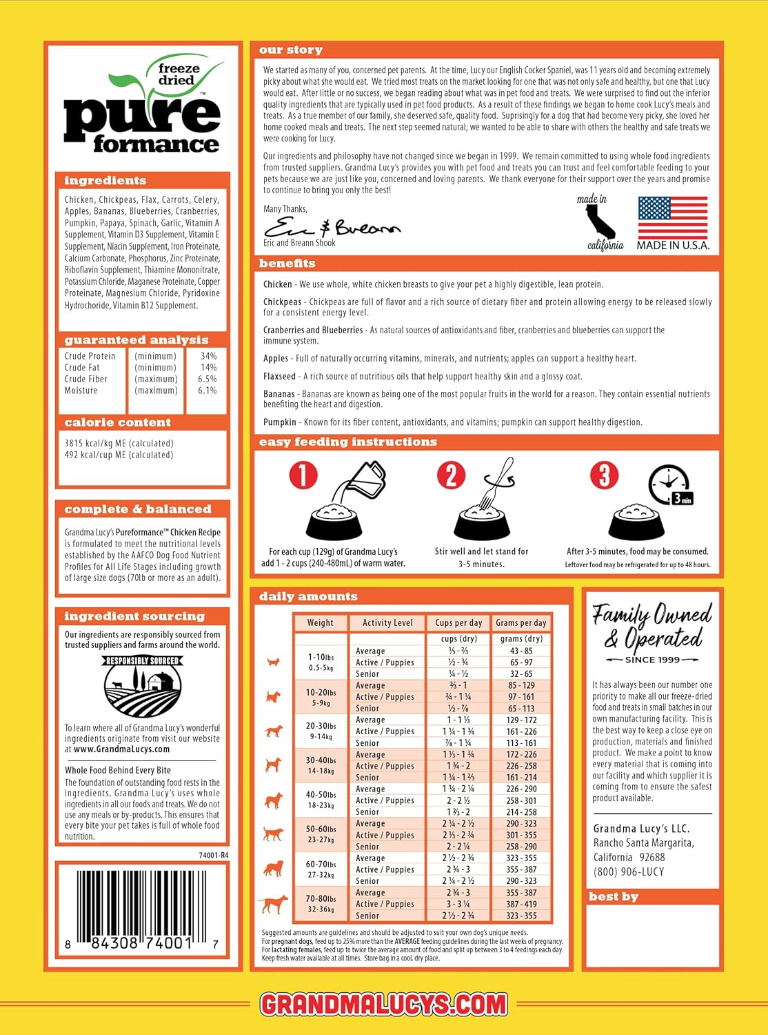 GrandmaLucy Pureformance Freeze Dried Grain Free Chicken Recipe Dog Food 1 Lbs