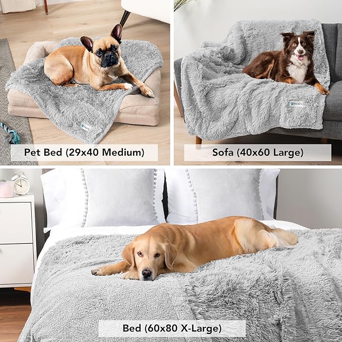 PetAmi Waterproof Dog Blanket for Large Dog, Queen Size Calming Pet Blanket Couch Cover Protector, Sherpa Faux Fur Cat Throw for Sofa Furniture Bed, Soft Fluffy XL, 90x90 Light Gray