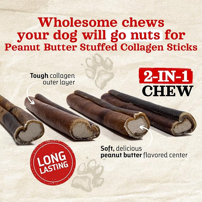 Natural Farm Peanut Butter Stuffed Collagen Chews for Dogs (4-5 Inch, 10 Pack), Rawhide-Free Collagen Sticks, Odor-Free Natural Dog Chews, Long Lasting Treats for Small, Medium Dogs