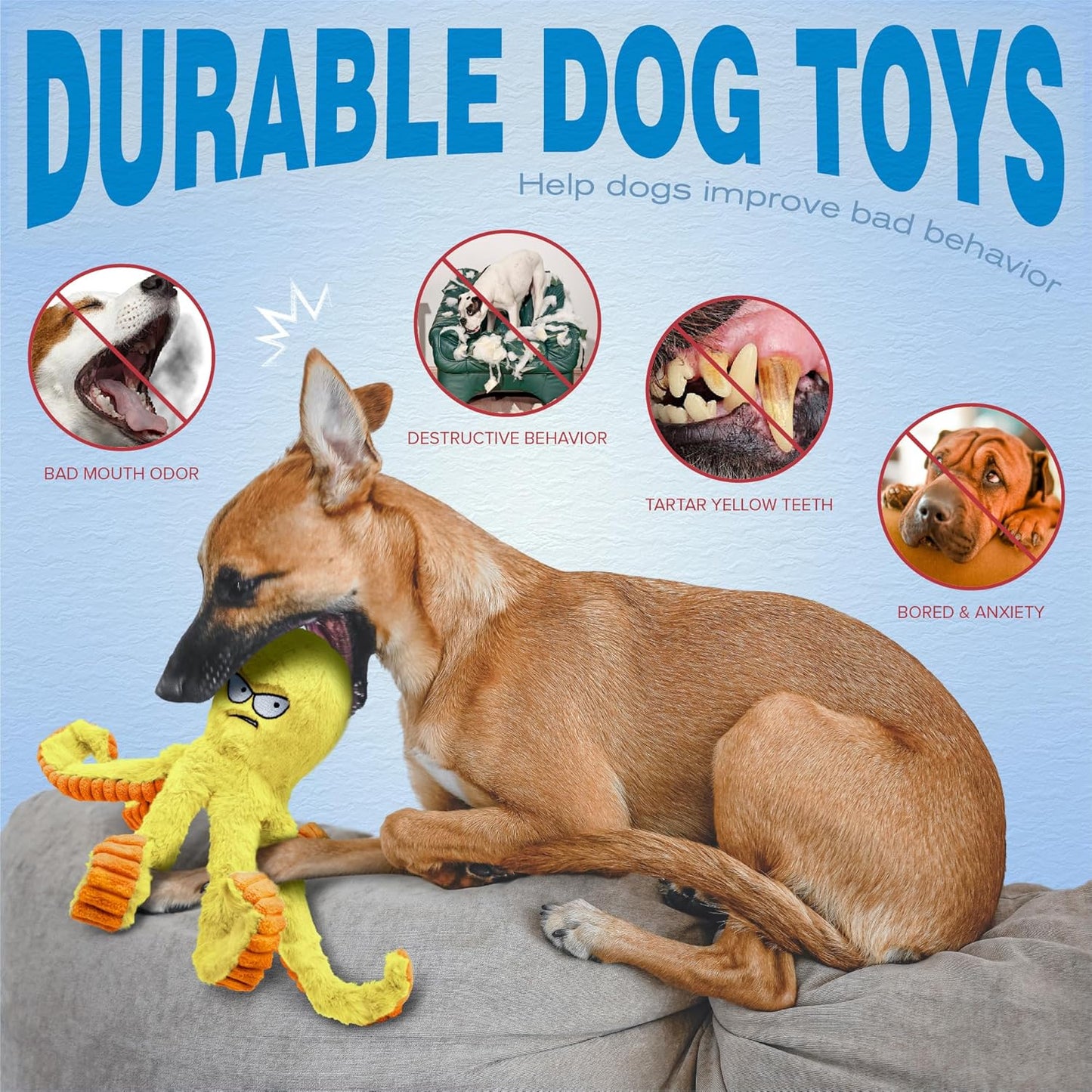 LEGEND SANDY Tough Dog Toys, Stuffed Chew Large Dog Toys to Keep Them Busy, Interactive Squeaky Tug of War Doggie Toy, Crinkle Yellow Octopus