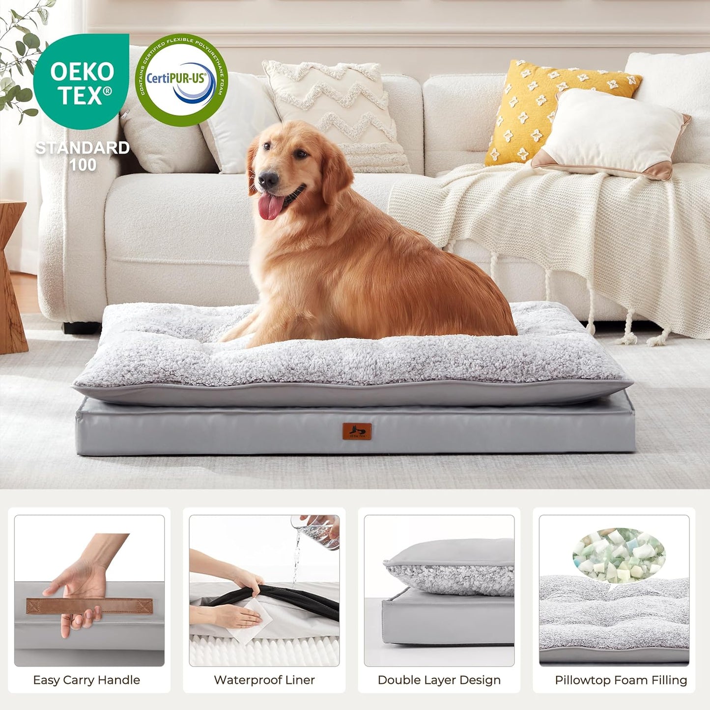 Orthopedic Dog Bed for Ctrate, Waterproof PillowTop Pet Bed for Medium Large Size Dogs, Egg-Crate Foam Dog Crate Mat with Removable Washable Cover, 2-Layers Kennel Pad 47"L x 39"W, Light Grey