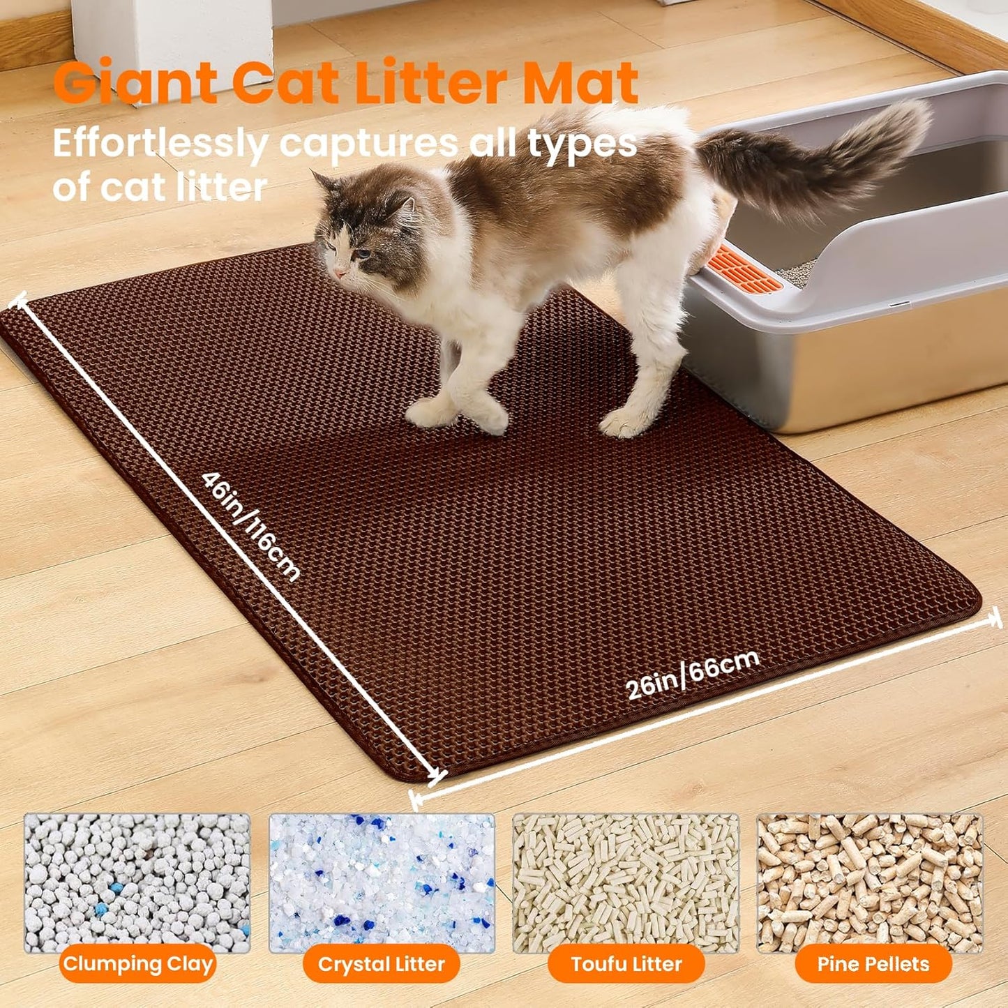Jumbo Cat Litter Mat, 46x26 Inches Double Layer Honeycomb Litter Trapping Mat, Non Slip Waterproof Urine Proof Extra Large Cat Litter Box Mat, Kitten Supplies and Essentials, XXL, Brown