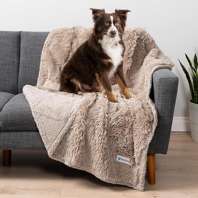 PetAmi Waterproof Dog Blanket for Medium Large Dogs, Calming Fleece Cat Blanket, Couch Protector Washable Sherpa Faux Fur Pet Throw for Puppy, Soft Reversible Leakproof 40x60 Taupe