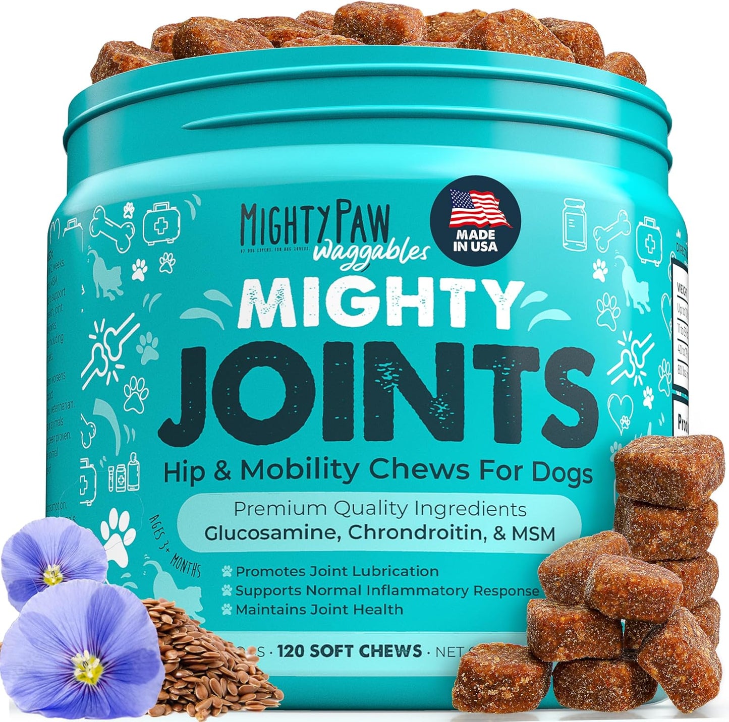 Mighty Paw Waggables Joint Support Supplement for Dogs (Made in USA) | Glucosamine for Dogs Hip and Joint Supplement. Vet Formulated Pet Mobility, Chondriotin & MSM Pet Chews (120 Ct)