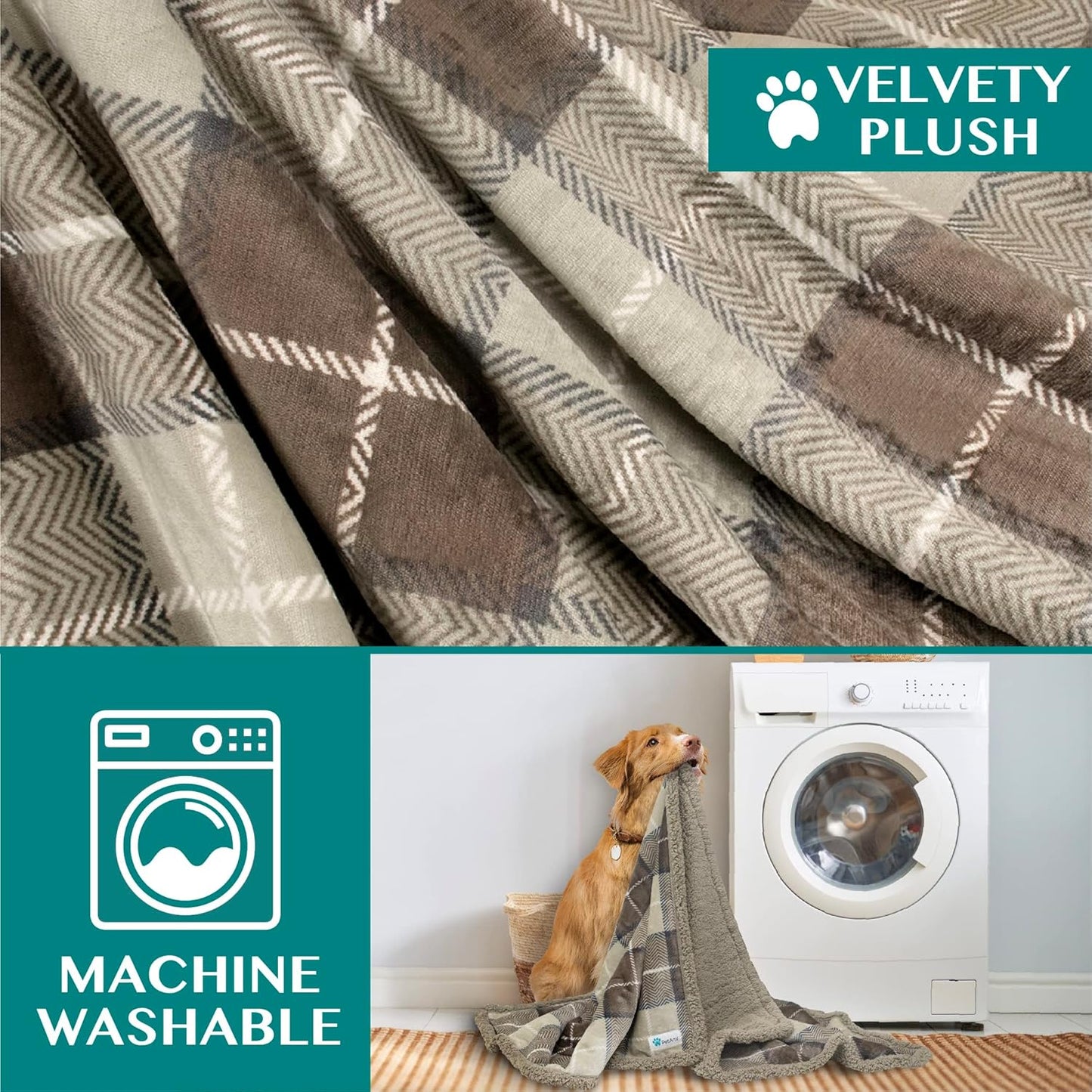 PetAmi Dog Blanket for Bed, XL Pet Blanket Large Dogs, Fleece Furniture Couch Cover Protector Sofa Car Crate Kennel, Soft Sherpa Cat Throw Plush Reversible Washable, Twin 60x80 Plaid Taupe