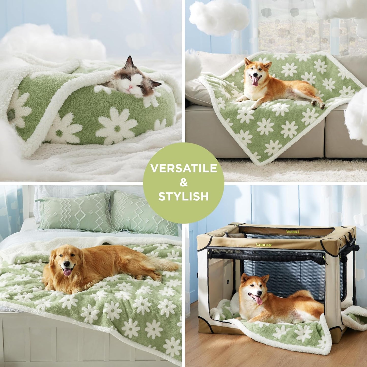 Lesure Waterproof Dog Blanket for Medium Dogs - Washable Double Sided Dog Blankets with Warm Jacquard Shag and Soft Sherpa Fleece, Pet Cat Blanket for Couch Protection, 3D Textured Cloud, Green