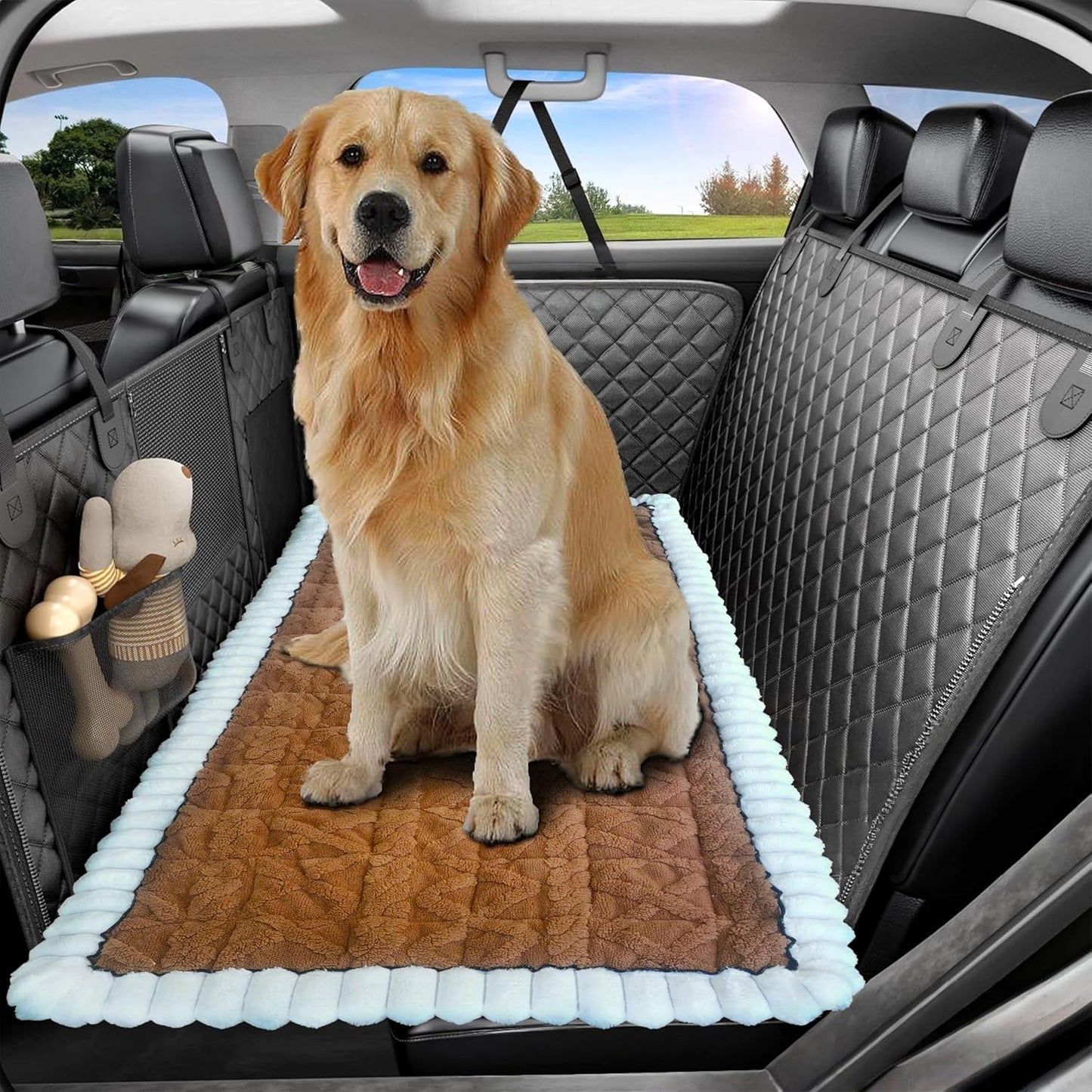 Dog Car Seat Cover for Back Seat, Big Dog Bed for Car, Suitable for Back Seat Extender for Dogs，Backseat Pet Bed Mat，Non-Slip Travel Pet Mat (White Dark Brown, 24.8"x54")