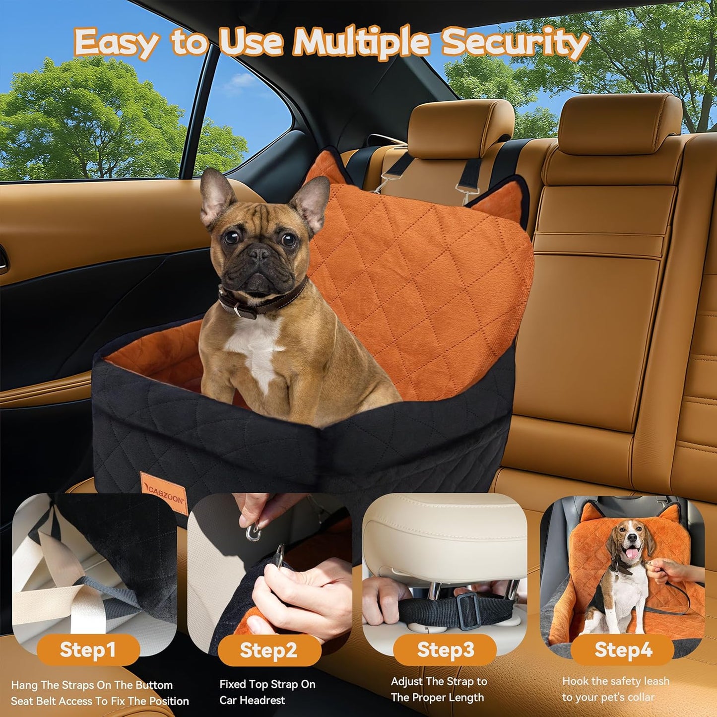 Dog Car Seat for Small/Medium Dogs Up to 35lbs,Elevated Cushion Fits in Front/Back Seat,Travel Safety Per Car Bed with Washable Removable Cover, Storage 2 Pockets Black-Orange