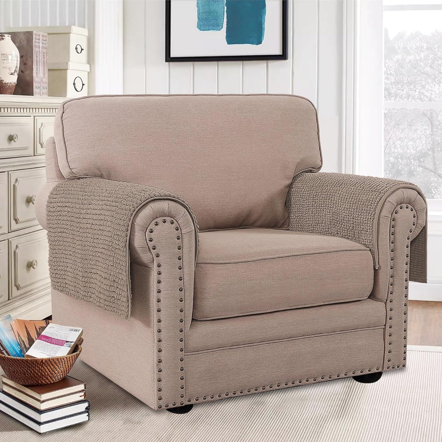 H.VERSAILTEX Plush Chenille Couch Armrest Cover 2 Packs Thick and Soft Sofa Covers Furniture Protector Cover for Pets (27.5" x 27.5", Cuban Sand)