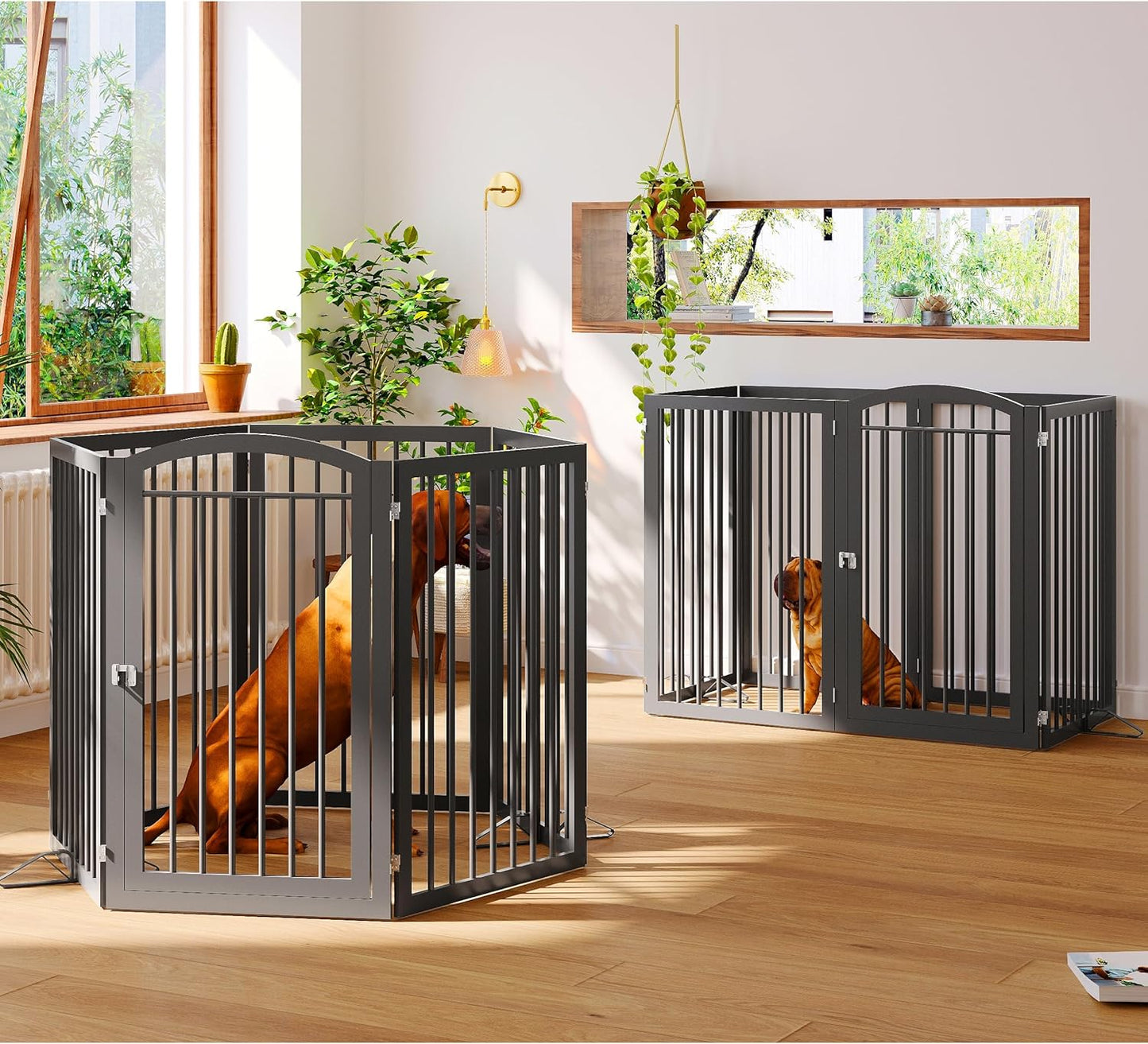 JSB 144-inch Extra Wide 30-inch Tall Dog gate with Door Walk Through, Freestanding Round Tube Pet Gate for Halls Stairs, Puppy Safety Dog Fence with 2PCS Support Feet (Black)