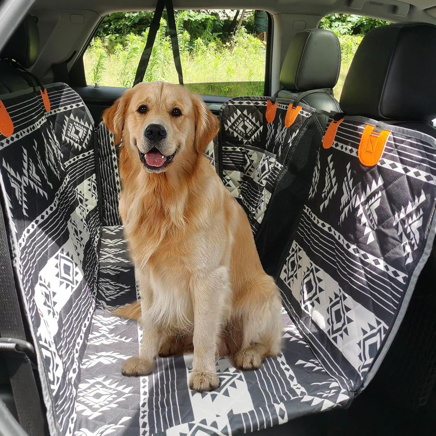 Cshionary100% Waterproof Dog Car Seat Cover - 600D Heavy Durable Dog Seat Cover for Back Seat-Slip Backing, Fits Cars/Trucks/SUVs, Stops Mud/Scratches/Shedding (BoheBlack with Orange)