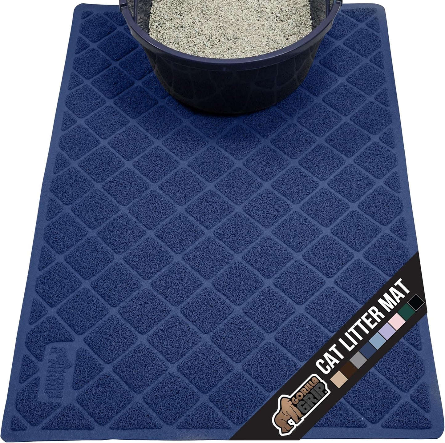 GORILLA GRIP Cat Litter Box Mat, 47x35, Water Resistant, US Designed Kitty Litter Trapping Mats, Easy to Clean, Scatter Control, Less Mess and Clean Floors, Kitten Supplies for Indoor Cats, Navy Blue