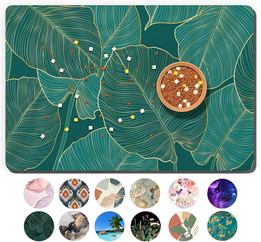 Dog Food Mat, 12" x 19" Absorbent Dog Cat Bowl Mat for Food and Water, Cute Anti-Slip Rubber Pet Feeding Rug Protect Floors, Placemat for Feeding & Watering Supplies, Tropical Palm Leaves