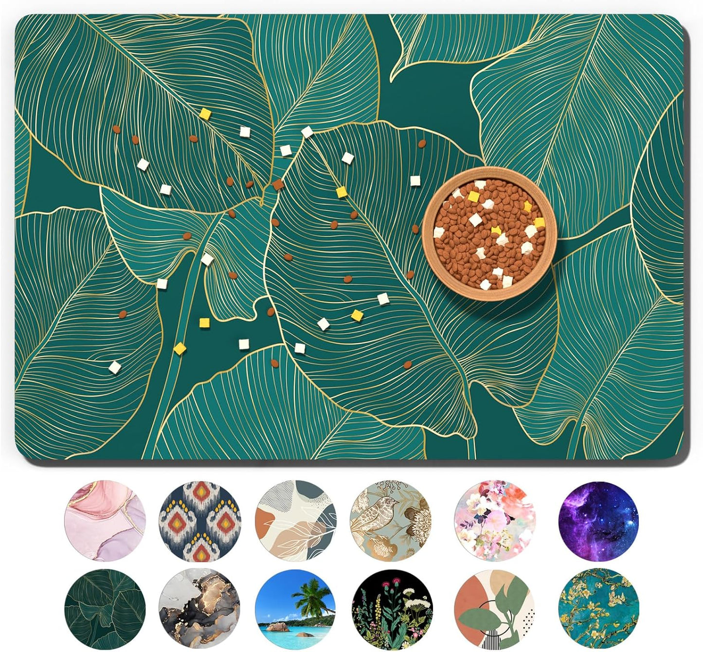 Dog Food Mat, 16" x 24" Absorbent Dog Cat Bowl Mat for Food and Water, Cute Anti-Slip Rubber Pet Feeding Rug Protect Floors, Placemat for Feeding & Watering Supplies, Tropical Palm Leaves