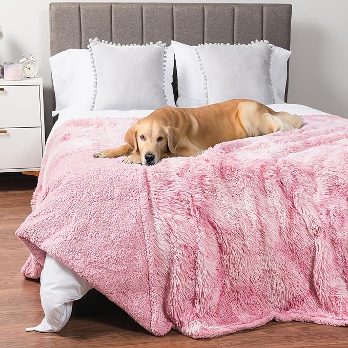 PetAmi Waterproof Dog Blanket for Large Dog, Queen Size Calming Pet Blanket Couch Cover Protector, Sherpa Faux Fur Cat Throw for Sofa Furniture Bed, Soft Fluffy XL, 90x90 Tie-Dye Pink