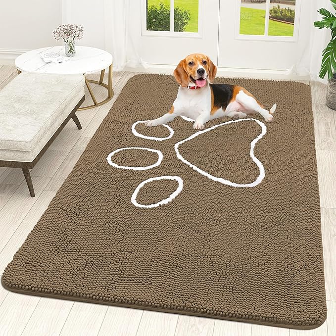 OLANLY Door Mat for Muddy Dog Paws 70x46, Ultra Absorbent Chenille Mud Doormat with Paw Print Design, Non-Slip Washable Doormat for Indoor Entryway, Quick-Dry Pet Bed Mats for Dirty Dogs, Tan