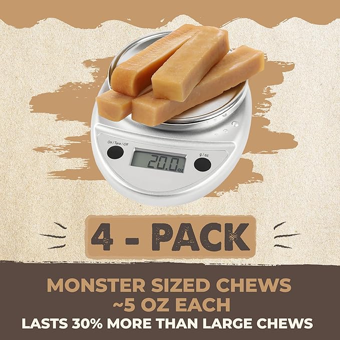 Mighty Paw Yak Cheese Dog Chews - All-Natural Treats for Dogs - High Protein Treat with 68 Grams of Protein Per Chew - Delicious and Long Lasting - Odor Free with Limited Ingredients - Monster 4 Pack