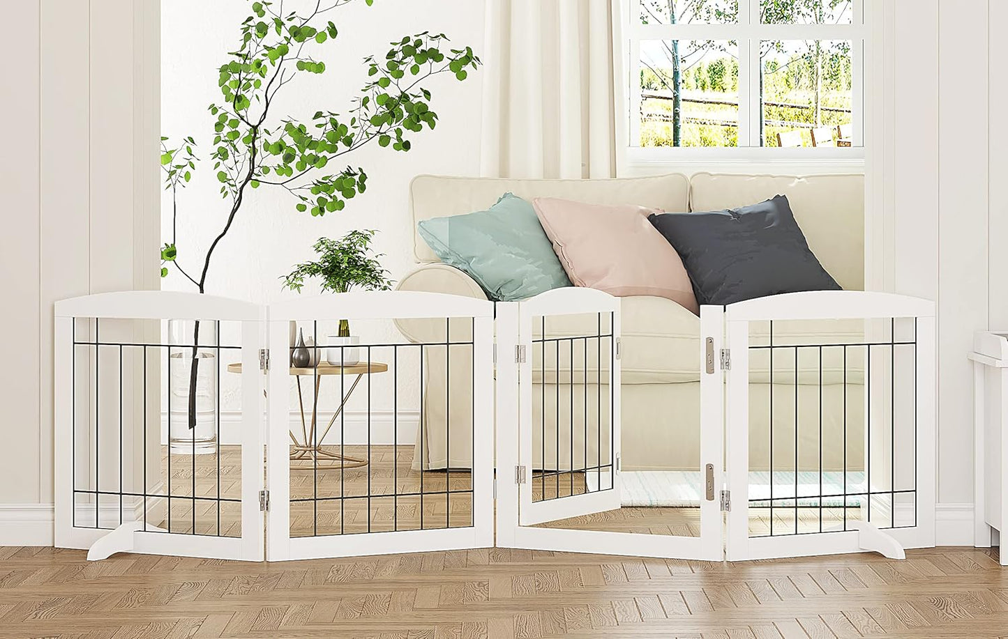 PAWLAND Freestanding Dog gate with Walk Through Door, Dog Gates for Doorways, The House, Stairs, 80" Wide Pet Puppy Safety Fence with Support Feet, 4 Panels, White