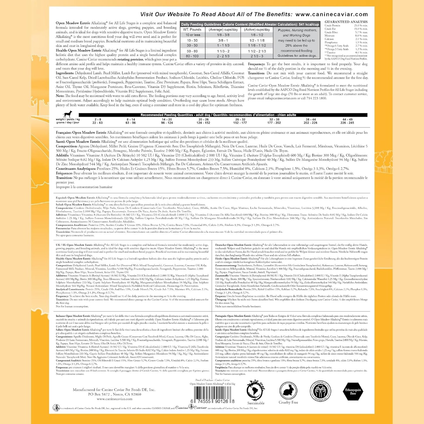 Canine Caviar - Open Meadow: Lamb & Pearl Millet Alkaline Dry Dog Food, Limited Ingredients, Gluten-Free, Based on Science & Research, Veterinary Alternative Diet (4.4 Pound Bag)