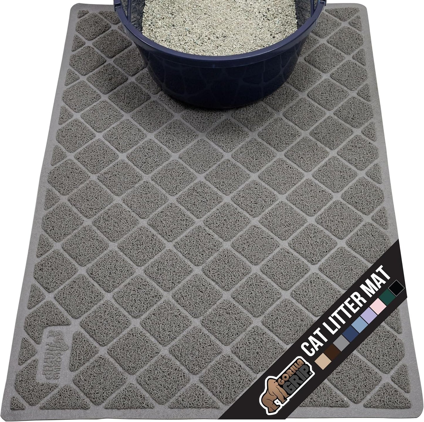 GORILLA GRIP Cat Litter Box Mat, 40x28, Water Resistant, US Designed Kitty Litter Trapping Mats, Easy to Clean, Scatter Control, Less Mess and Clean Floors, Kitten Supplies for Indoor Cats, Gray