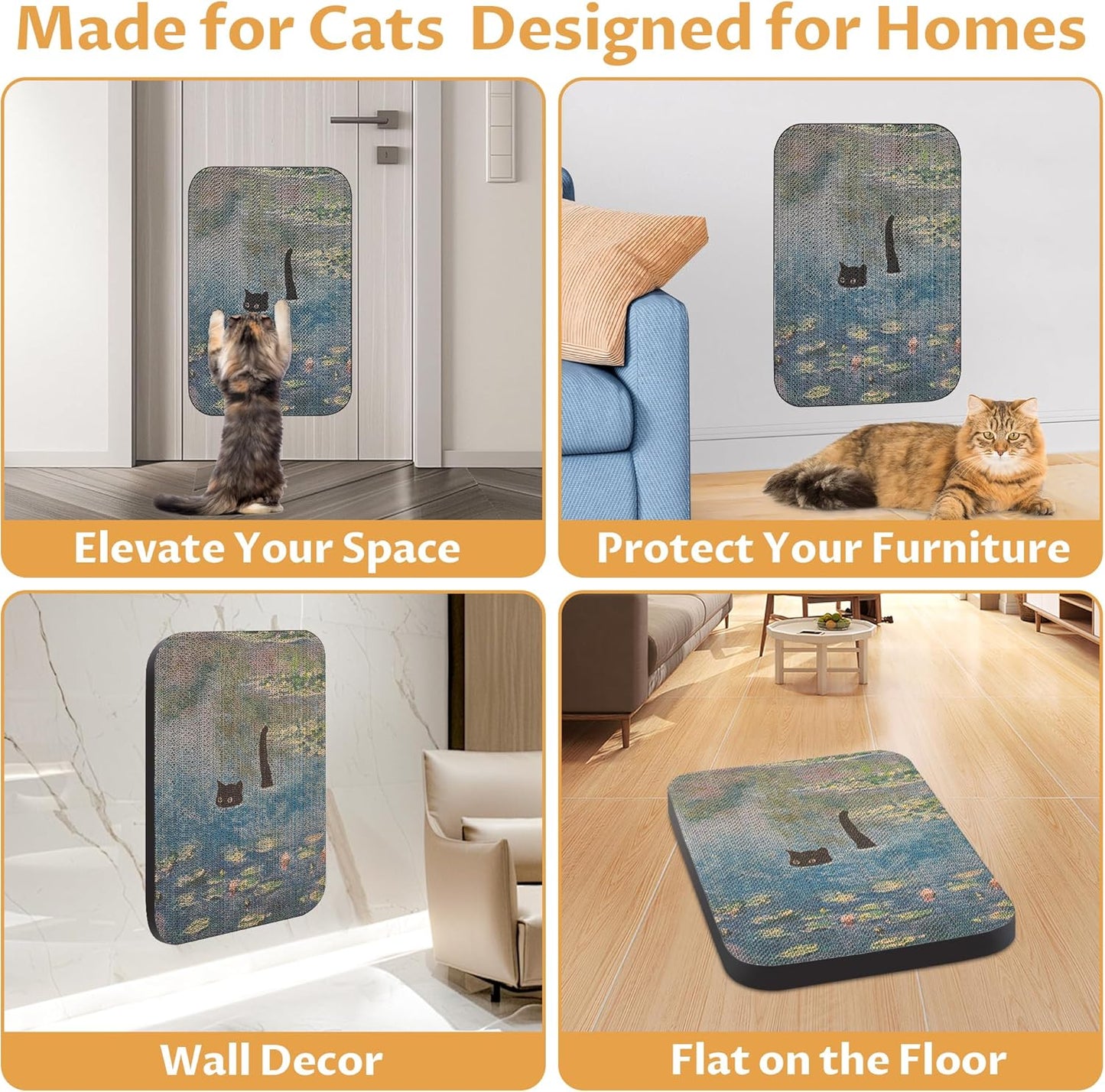 Art Cat Scratcher, Wall-Mountable Cat Scratching Board, Cat Wall Scratcher 16.7x11x1 Inch Cat Scratch Pad and Cat Scratchers for Indoor Cats Toy Furniture Protector（Water Lily Pond）