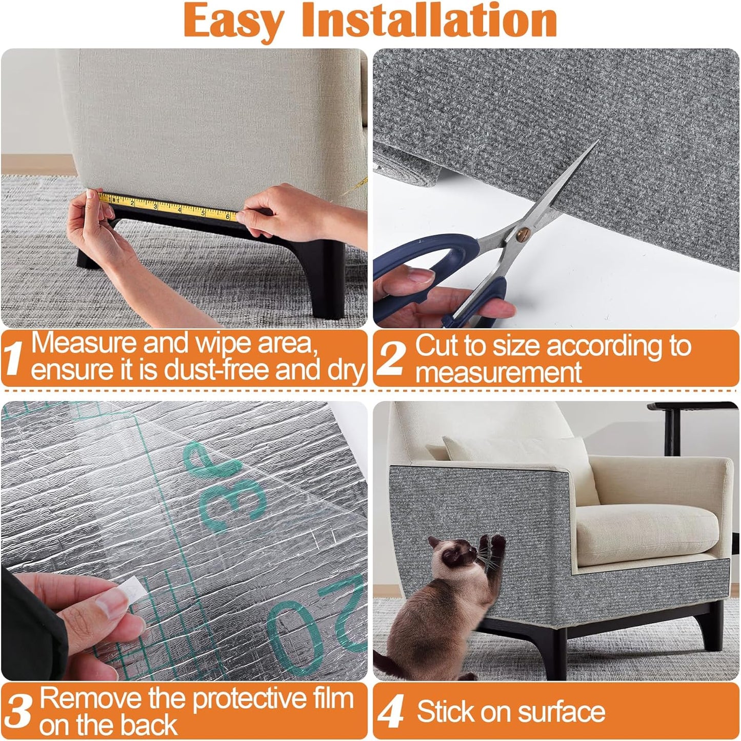 Cat Scratch Furniture Protector - 40" x 13.8" Trimmable Self-Adhesive Cats Claws Scratch Pads, DIY Cat Climbing Couch Protector for Scratch Post Cat Tree Replacement Indoor (Light Gray)