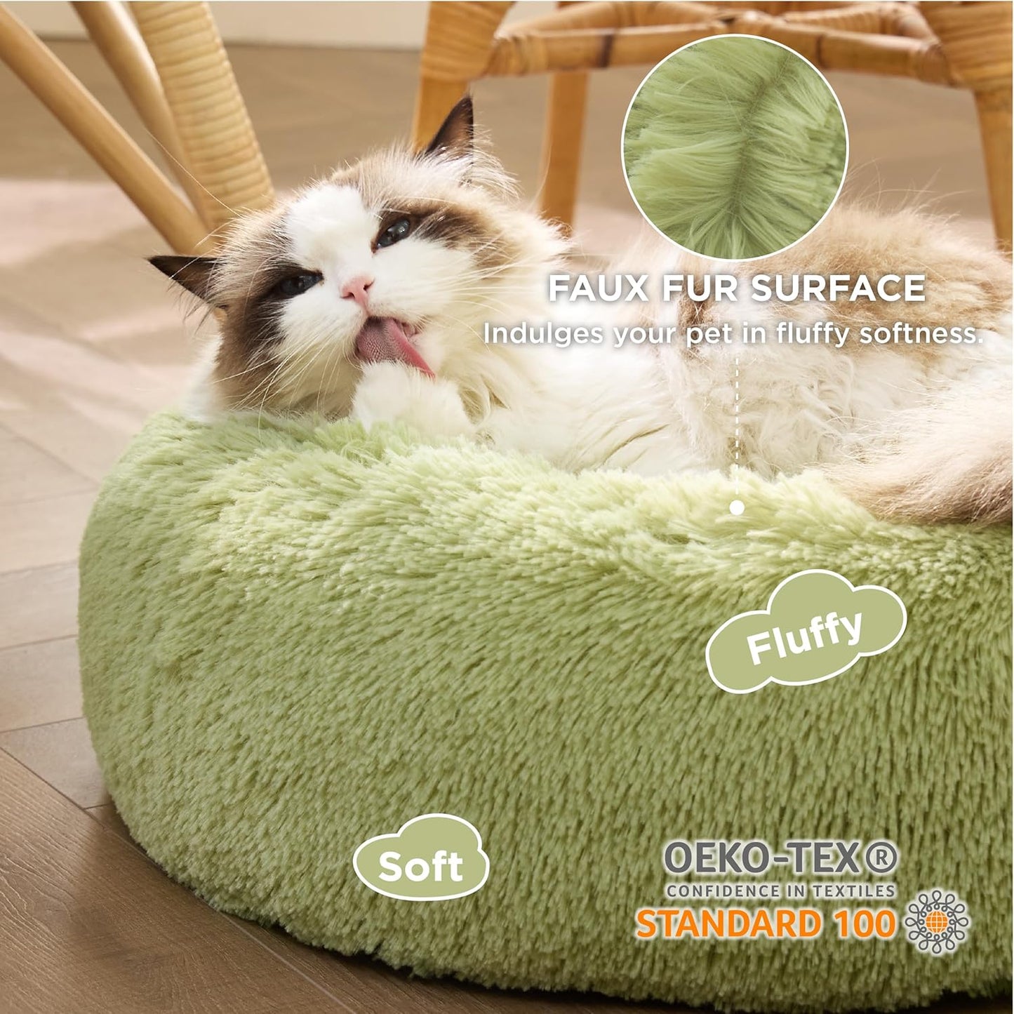 Bedsure Calming Cat Beds for Indoor Cats - Small Cat Bed Washable 20 inches, Anti-Slip Round Fluffy Plush Faux Fur Pet Bed, Fits up to 15 lbs Pets, Green