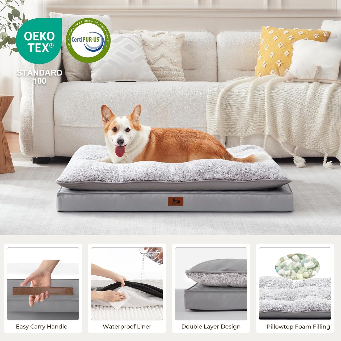 Orthopedic Dog Bed for Ctrate, Waterproof PillowTop Pet Bed for Medium Large Size Dogs, Egg-Crate Foam Dog Crate Mat with Removable Washable Cover, 2-Layers Kennel Pad 36"L x 27"W, Light Grey
